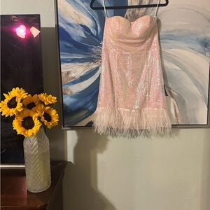 Lulu’s Call Me Maybe Pink Sequin Sparkling Strapless Bodycon Feather Trim Mini M